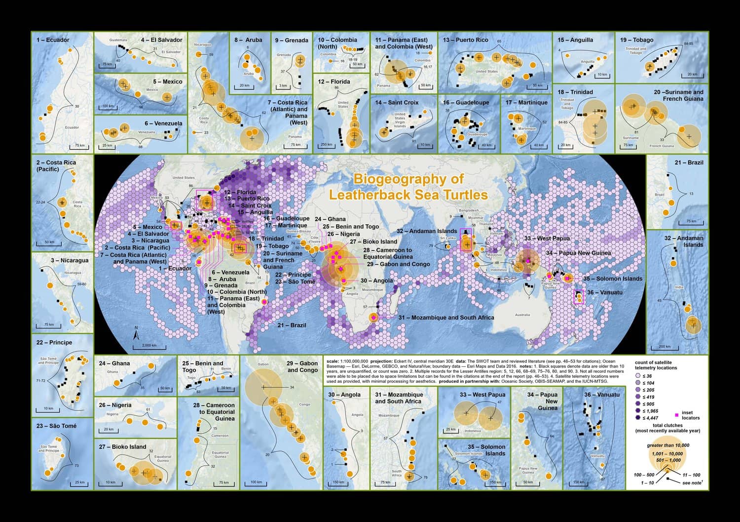 map of leatherback turtle nesting and migrations