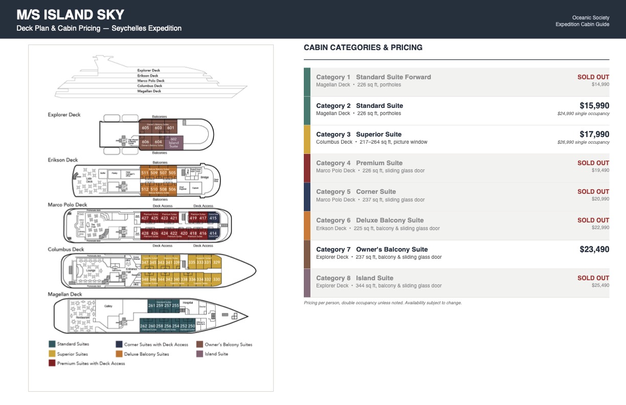 Island Sky Deckplan and current cabin pricing