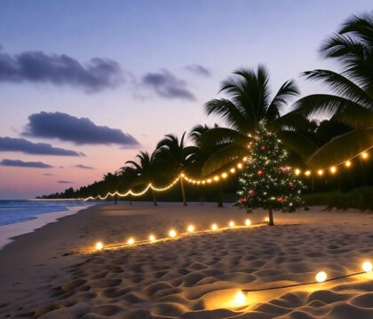 Sunset on a beach with palm trees and a glowing Christmas tree decorated with lights, creating a festive, tropical holiday scene.