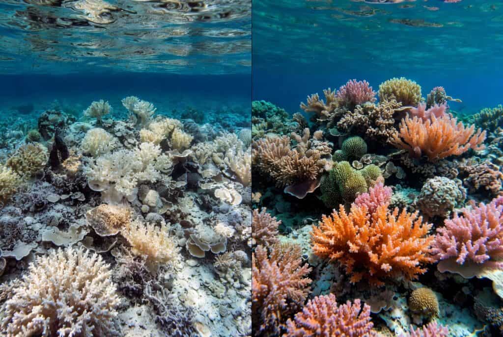 Split image showing a coral reef: one side bleached and lifeless, the other side vibrant and healthy, illustrating the impacts of coral bleaching on reef ecosystems
