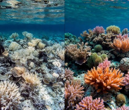 Split image showing a coral reef: one side bleached and lifeless, the other side vibrant and healthy, illustrating the impacts of coral bleaching on reef ecosystems