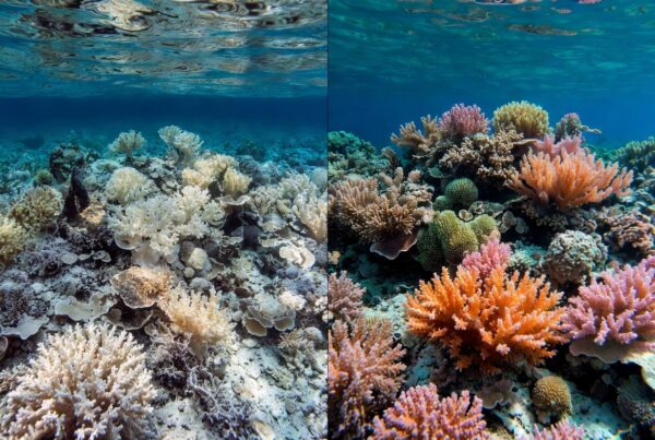 Split image showing a coral reef: one side bleached and lifeless, the other side vibrant and healthy, illustrating the impacts of coral bleaching on reef ecosystems
