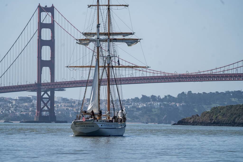 Matthew turner tall ship in front of Golden Gate Bridge