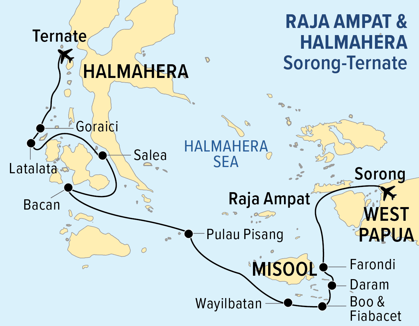 Stylized navigational map of eastern Indonesia showing a curved cruise route starting at Sorong in West Papua, passing through Raja Ampat islands including Misool, crossing the Halmahera Sea to Bacan, then proceeding northward along Halmahera's western coast with marked locations at Latalalata, Bacan, Salelea, Goraici, and ending at Ternate.