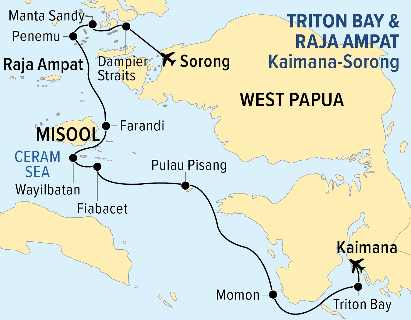 Stylized map of West Papua showing a liveaboard diving route from Kaimamana through Triton Bay, across the Ceram Sea to Misool in Raja Ampat, then northward via the Dampier Straits to Sorong.