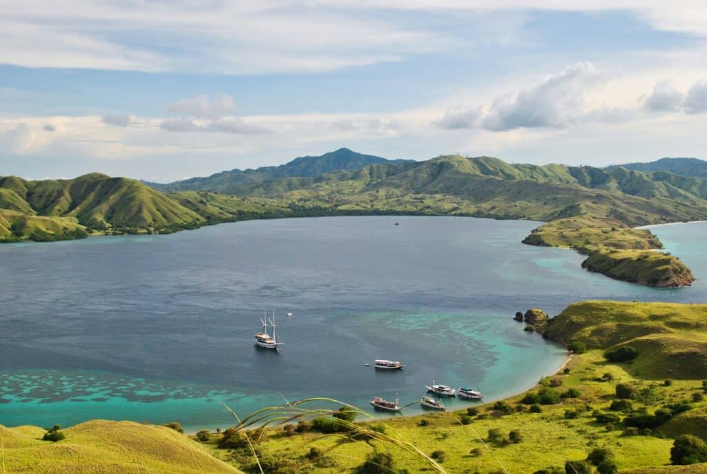Aerial photo of liveaboards in water near Padar Island in Komodo National Park