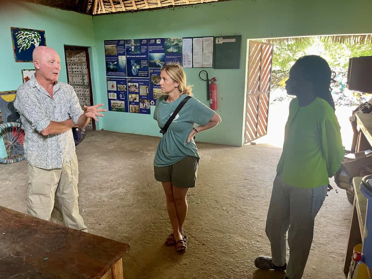 Steve Trott, a marine zoologist and naturalist associated with the Watamu Marine Association, in conversation with Rosie Jeffrey, a fellow conservation professional and naturalist, at the Eco-World facility in Watamu, Kenya.