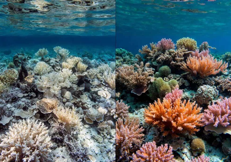 Split image showing a coral reef: one side bleached and lifeless, the other side vibrant and healthy, illustrating the impacts of coral bleaching on reef ecosystems