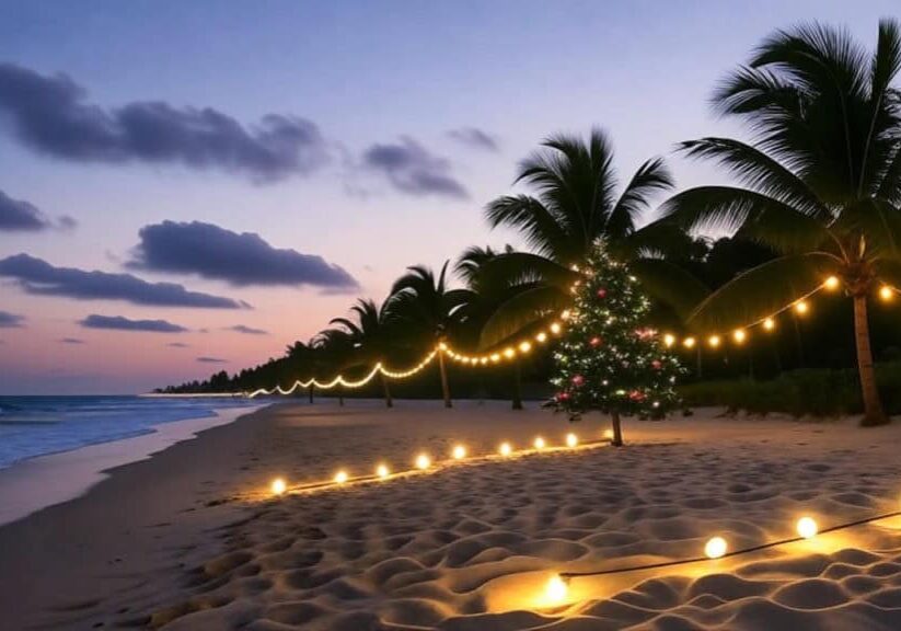 Holiday Lights on Beach Sunset on a beach with palm trees and a glowing Christmas tree decorated with lights, creating a festive, tropical holiday scene.